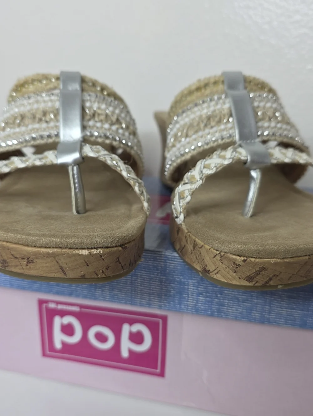 POP Kern Trail Silver & Natural Cork Wedge Thong Slip On Sandals New In Box 9m